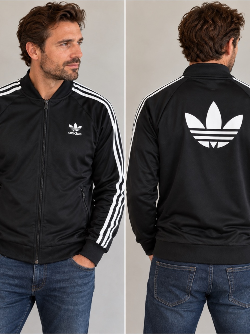 Adidas Originals Mens Track Jacket Black White Trefoil 3 Stripe Full Zip